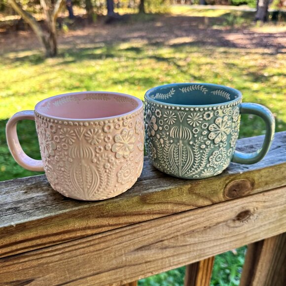 World Market “Jolly Hearts” Mugs, Lt Blue/White and Pink/White Floral Embossed - Picture 8 of 11